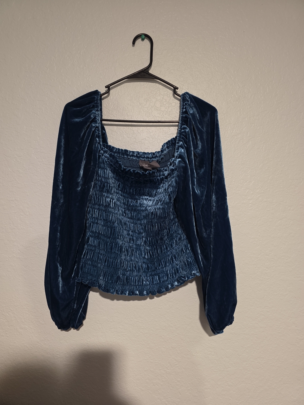 Anthropologie Velvet Smocked Peasant Top - Deep Blue